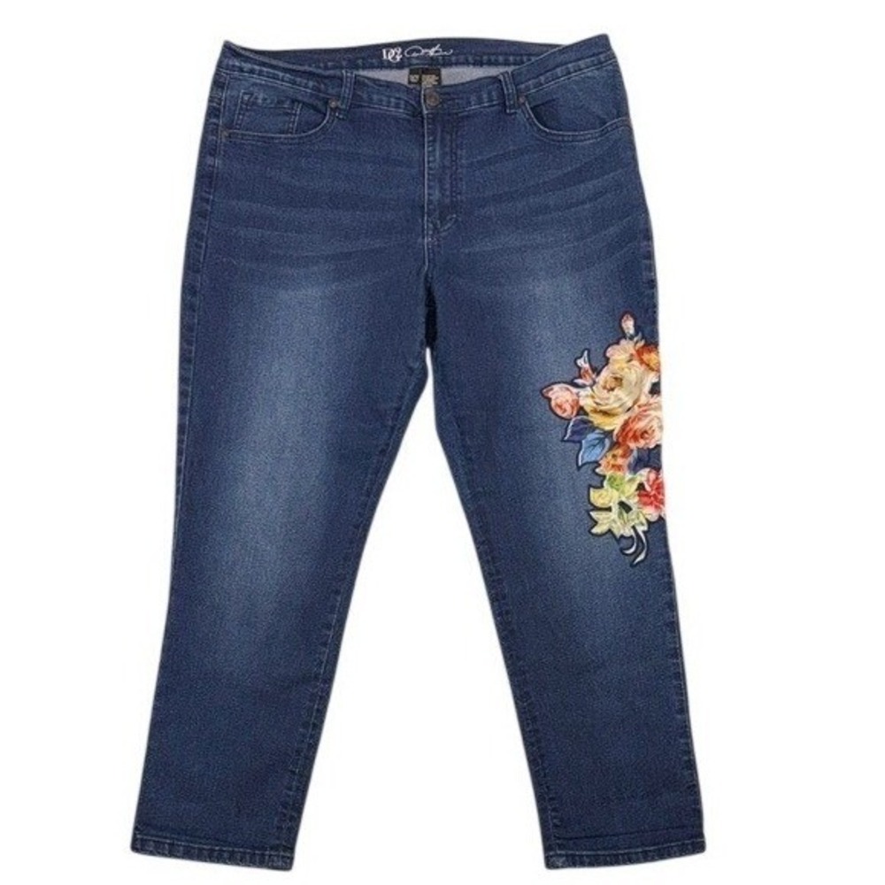 DG2 Jeans Womens 16PW Cropped Floral Embroidered Blue Stretch Denim Diane Gilman